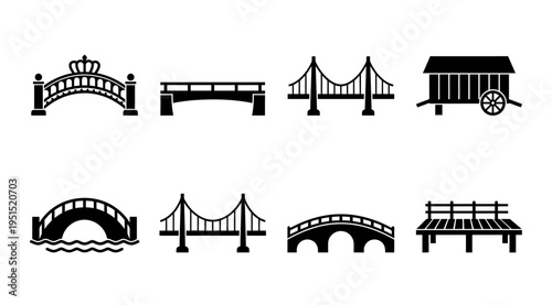 a collection of black bridge icons on a white background, featuring various bridge styles and structures for design and architectural use