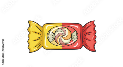 A single candy with a red and yellow wrapper reveals a colorful swirled sweet through a transparent oval window against a white background.
