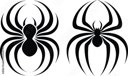 Flat vector black spider silhouette, geometric symmetrical legs, minimal bold design, high contrast isolated on white background, perfect for logo, t-shirt, and stock vector illustration.