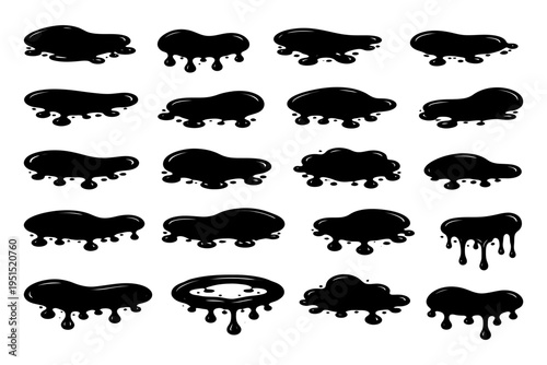 Set of black dripping paint splashes in various shapes and sizes.