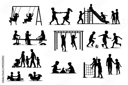 Silhouettes of children playing outdoors: swings, slides, and sports activities.