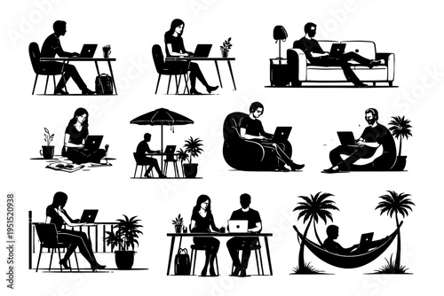 Silhouette scenes of people working remotely indoors and outdoors.