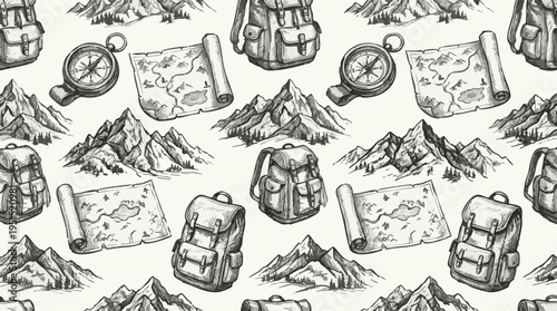 Seamless repeating pattern of hand-drawn vintage maps, backpacks, and compasses, perfect for adventure and travel themed designs