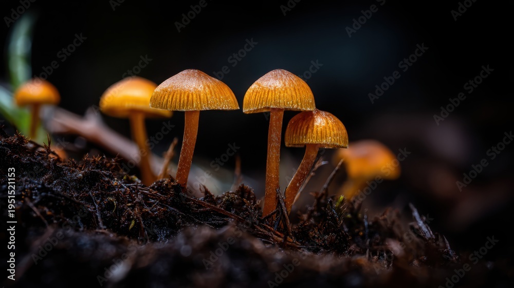 Fototapeta premium A Cluster of Delicate Orange Enoki Mushrooms Growing from Damp Forest Soil