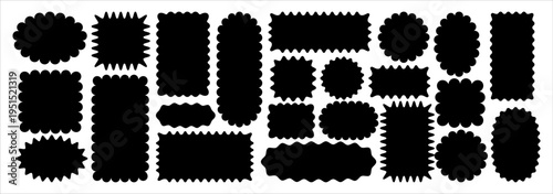 Scalloped and wavy edge labels in round, oval and rectangle shapes, irregular coupon blanks, stamp‑style frames and flat vector tag collection