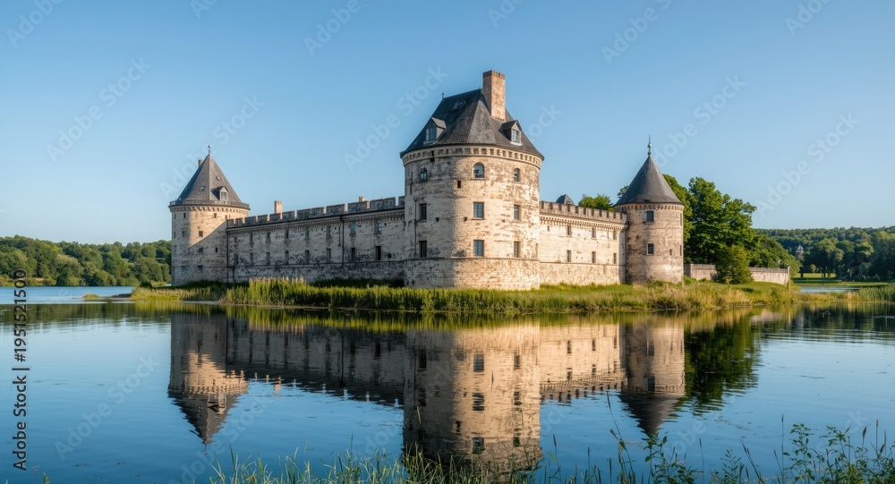 Fototapeta premium old defensive castle surrounded by still water on a clear summer day