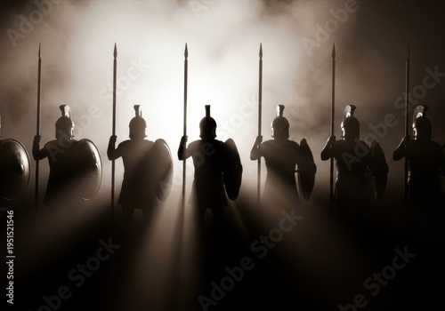 Spartan Warrior Silhouettes Standing in Formation with Spears and Shields in Smoky Battlefield for Leadership and Courage Concept
