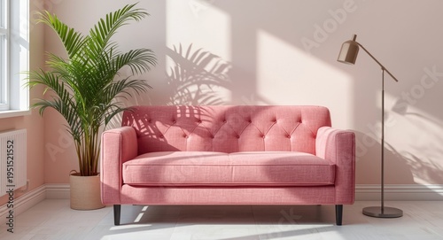 Photo capturing pink sofa positioned between vibrant plant and modern lamp in bright room