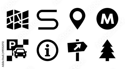 a collection of black and white icons representing navigation, information, and direction, useful for websites, apps, or marketing materials