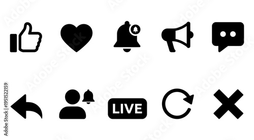 a collection of black social media icons and notification symbols on a white background, representing online engagement and communication, useful for marketing, advertising, and website design