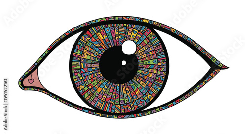A stylized human eye with a black pupil and a colorful mosaic iris, featuring geometric shapes and small hearts, is depicted against a white background.