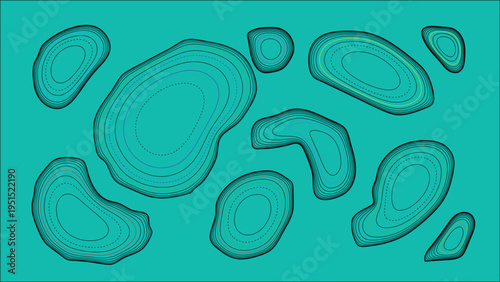 Textured abstract vector shapes with organic outlines scattered on a teal green background