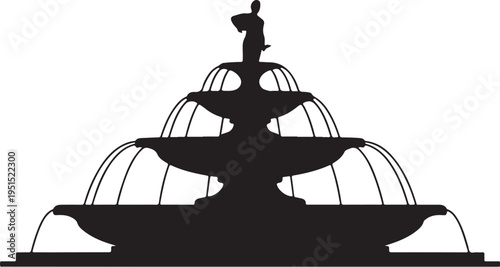 Black silhouette of three tiered fountain with statue