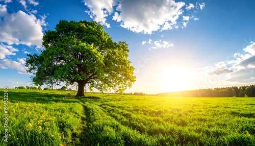 Lone, verdant tree stands prominently in a bright green field under a sunny, partly cloudy blue sky