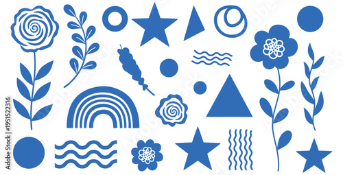 Modern Blue Vector Element Collection Flat Floral, Geometric Shapes, and Abstract Organic Silhouettes for Diverse Design Projects. Minimalist Graphic Illustration Pack