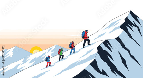 Four hikers with backpacks and trekking poles ascend a snow-covered mountain slope with a sunset over distant mountains in the background.