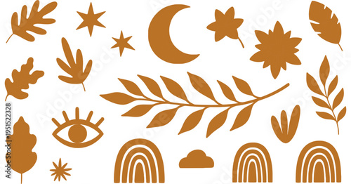 Boho-inspired illustrated elements featuring celestial bodies, rainbows, and botanical motifs in a warm, earthy palette