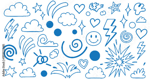 A collection of blue hand-drawn doodles and icons, including clouds, stars, hearts, and lightning bolts, perfect for adding a playful touch to designs
