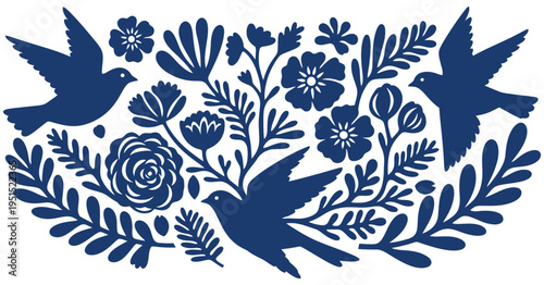 A charming blue silhouette illustration featuring three birds in flight amidst an abundance of stylized floral and leaf motifs, creating a decorative and organic natural design