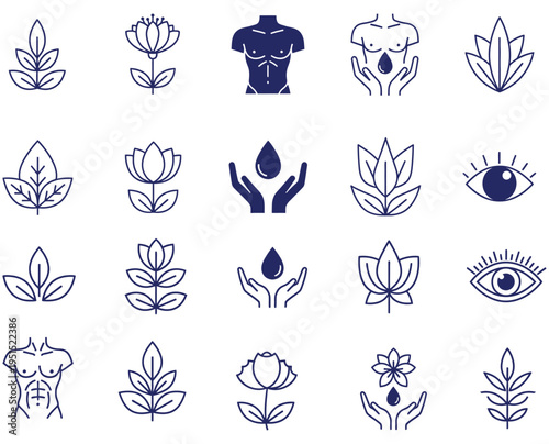 Minimalist Botanical Elements and Human Anatomy Icons, Organic Shapes and Nature Silhouettes Representing Health and Wellness