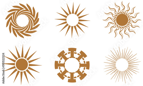 Collection of Six Stylized Sun Icons in a Golden Brown Hue, Featuring Various Radiating Designs and Geometric Patterns for a Celestial Theme