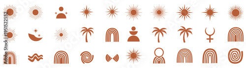 Trendy Boho Abstract Vector Graphic Elements Collection, Modern Minimalist Celestial and Organic Nature Inspired Symbols, Decorative Geometric Shapes for Creative Design Projects