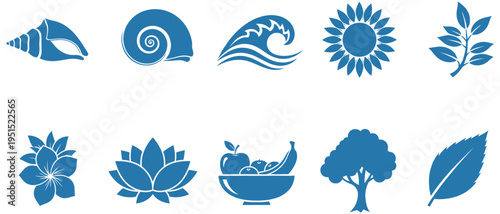 Collection of Blue Nature-Inspired Icons Featuring Seashells, Waves, Flowers, Fruits, and Trees