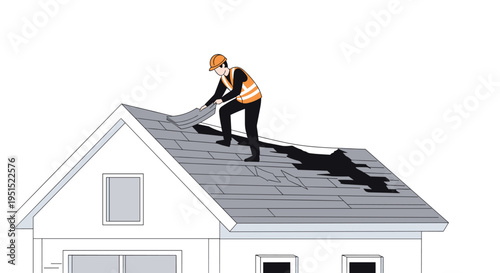 A male worker in an orange safety vest removes gray shingles from the roof of a white house with exposed underlayment against a white background.