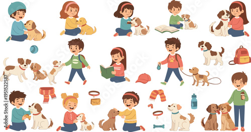 Cartoon Kids with Dogs Collection featuring Children Playing Training Feeding and Caring for Puppies in Cute Lifestyle Scenes Vector Illustration