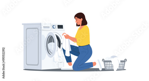 A woman is kneeling beside a white washing machine, putting clothes into the open door, with two laundry baskets nearby.