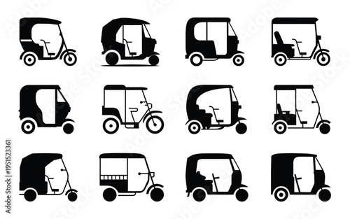 Collection of black tuk tuk silhouettes in various side views and designs on white background