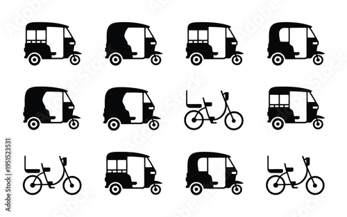 Black silhouettes of tuk tuks and bicycles on white background transportation icons