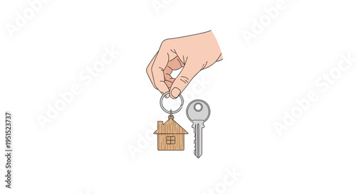 A light-skinned hand holds a silver keyring with a wooden house-shaped keychain and a single silver key against a clean white background.