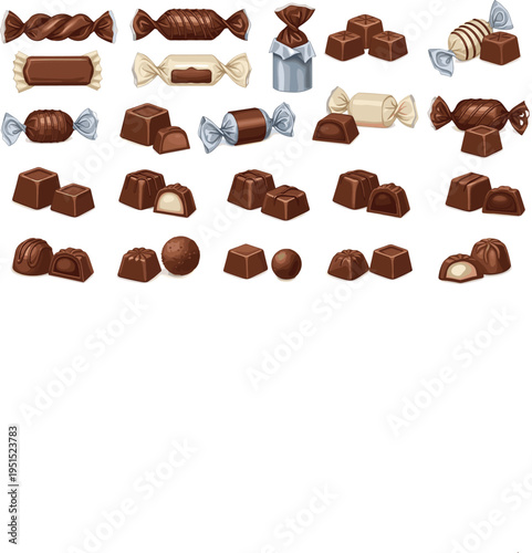 Cartoon Chocolate Candy Collection with Wrapped Sweets Pralines Truffles Filled Chocolates and Confectionery Desserts for Vector Illustration