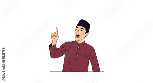 A man wearing a maroon shirt and a black peci points his finger upwards with a surprised expression.