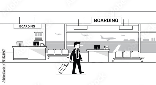 A businessman pulls a suitcase through an airport terminal with boarding gates and airplanes visible outside.