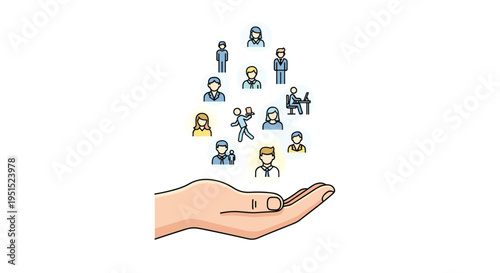 A cupped hand supports a floating cluster of diverse people icons against a white background.
