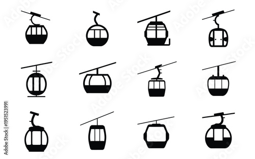 Cable car icons set in black silhouette on white background for travel and transportation