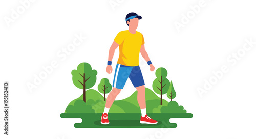 A man wearing a yellow shirt and blue shorts walks through a park with green trees and hills.