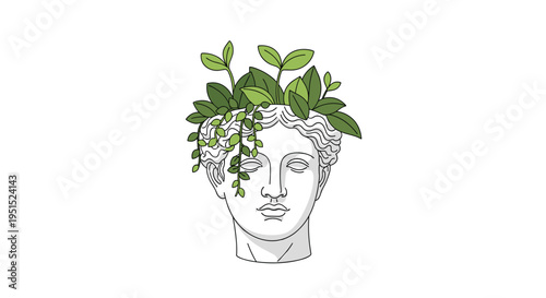 A white classical bust with green leaves and vines growing from its head stands on a white background.