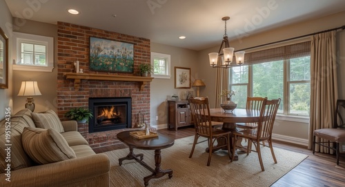 Snug sitting area featuring a brick fireplace and a connected dining place