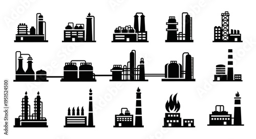 Collection of Industrial Plant and Factory Silhouettes.