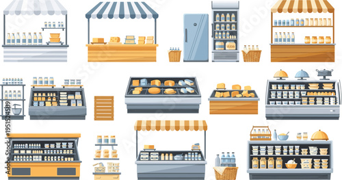Cartoon Dairy Store Display Collection with Cheese Milk Yogurt Refrigerated Counters Market Stalls and Grocery Retail Equipment Vector Illustration