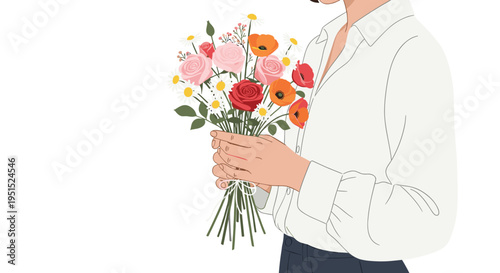 A person in a white shirt holds a colorful bouquet of roses, poppies, and daisies on a white background.