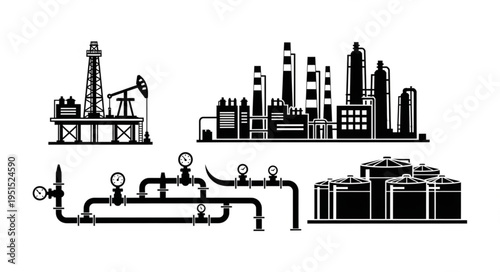 Industrial Infrastructure - Oil Rigs, Factories, Pipelines, and Storage Tanks.