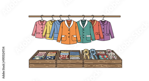Seven colorful blazers hang on a wooden rack above three wooden crates filled with folded scarves.