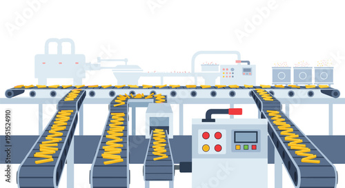 Yellow products move along multiple gray conveyor belts within a light blue and gray factory setting.