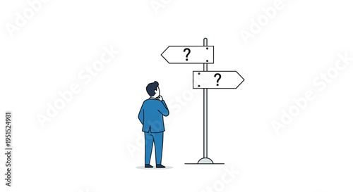 A man in a blue suit stands with his back to the viewer, looking at a minimalist signpost with two question mark arrows on a white background.