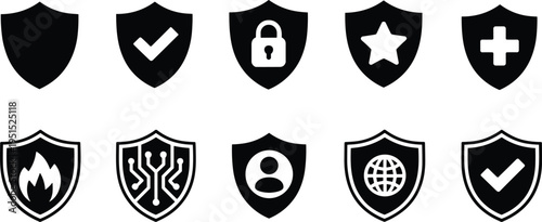 Cybersecurity shield icons set protection security symbols lock check star medical firewall digital privacy defense technology vector illustration isolated collection