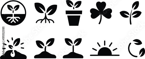 plant growth icons set, seed sprout leaf root clover pot sunrise recycle symbols, eco nature gardening silhouette illustration